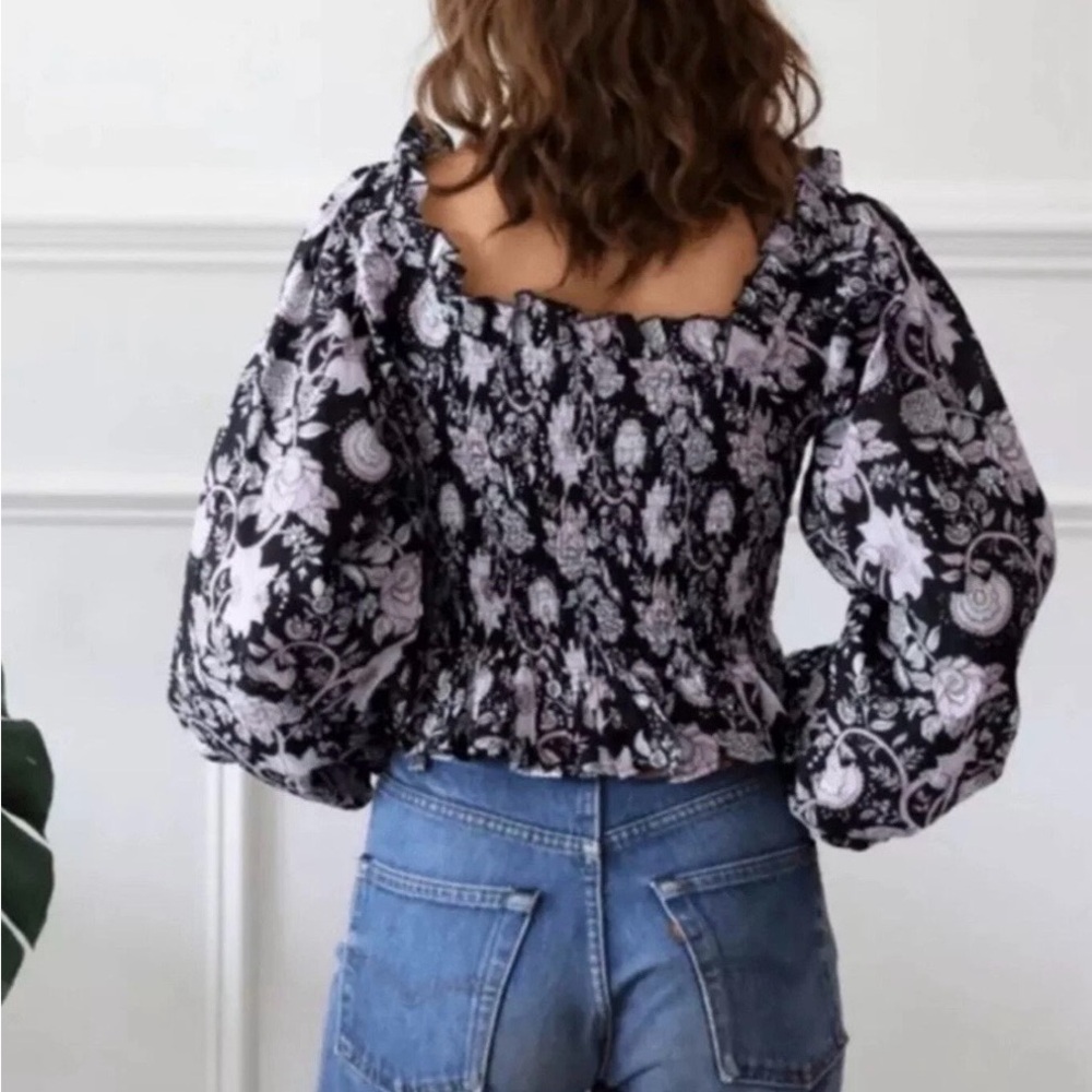 Mille Resort Circe Top Blouse Black Floral Tropical Night Lantern Sleeves Size M - Picture 2 of 7